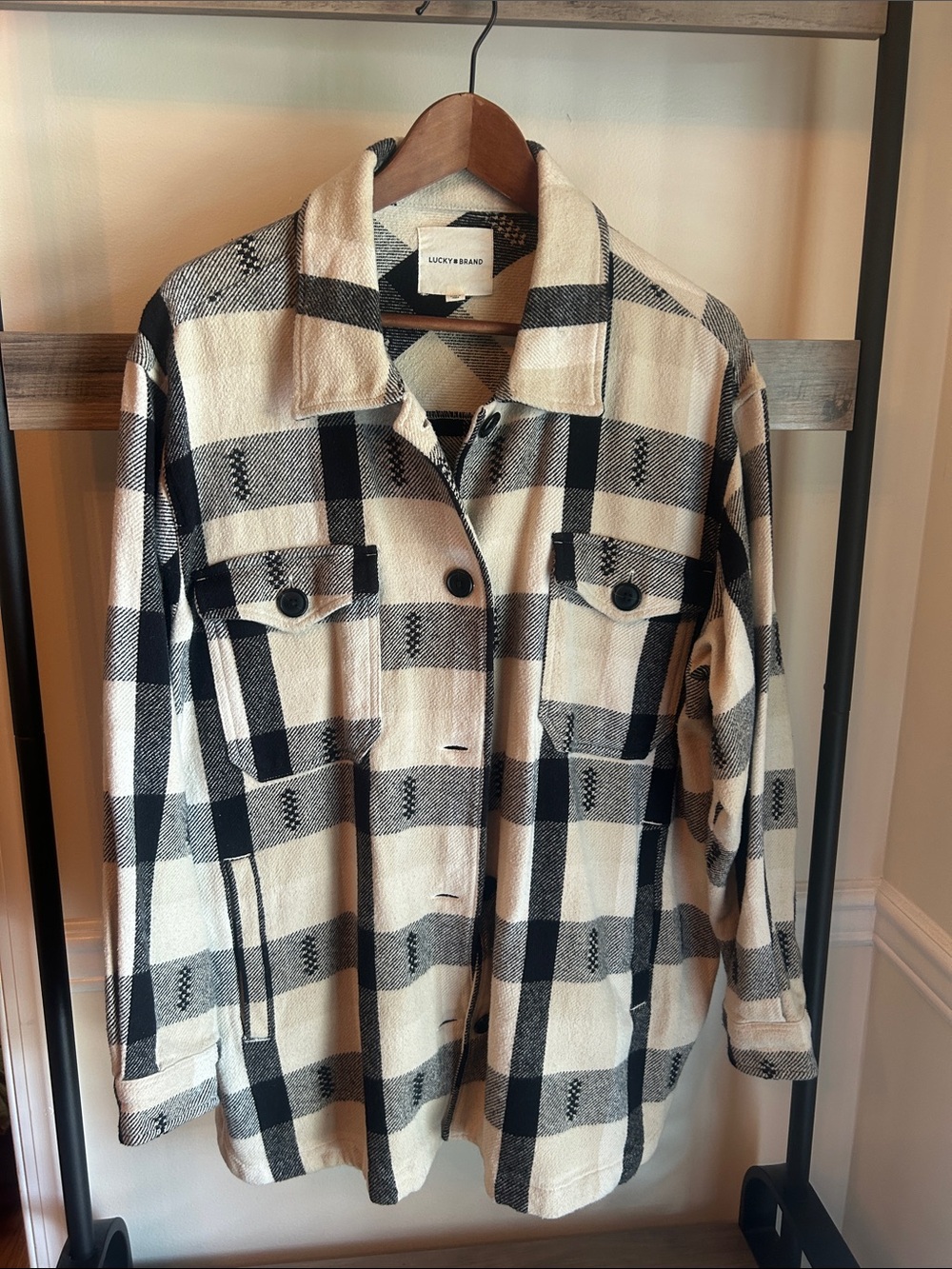 Lucky Brand Black and Cream Plaid Utility Shacket